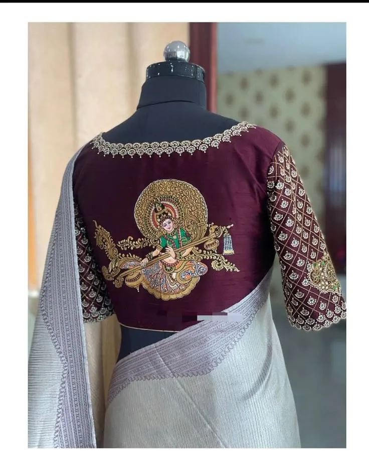 Divine Bridal Blouse Maroon Tanjore Painting with Saraswathi Devi Grand Maggam Work Custom Fit