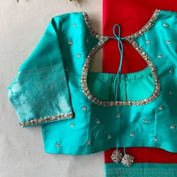 Elegant Sky Blue Maggam Work Party Blouse Trendy Minimal Design Affordable & Customizable