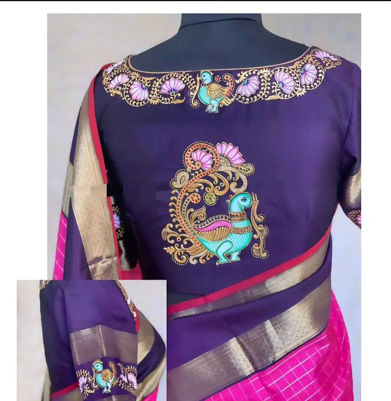 Exclusive Bridal Purple Maggam Blouse with Peacock Tanjore Painting Design Premium Handwork at Affordable Price