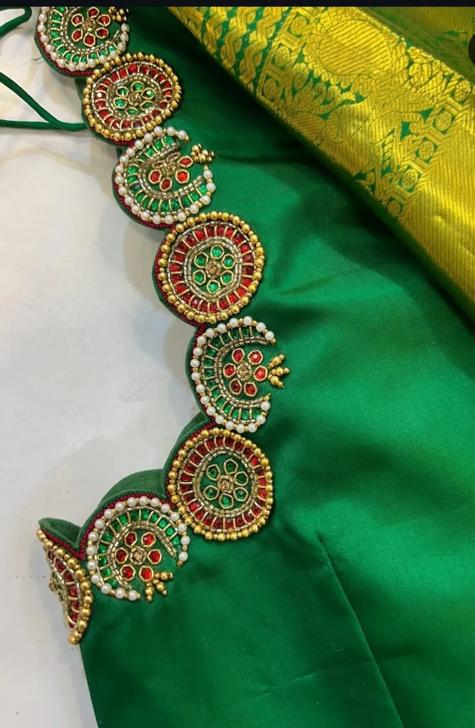 Exclusive Leaf Green Bridal Maggam Work Blouse with Jadao Kundan & Cutwork Design Custom Fit