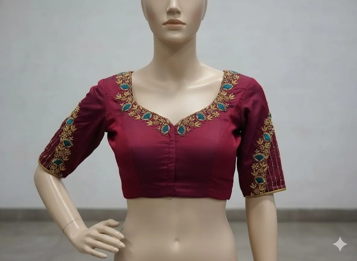 Exclusive Maroon Maggam Work Blouse for Parties Tailored to Your Size
