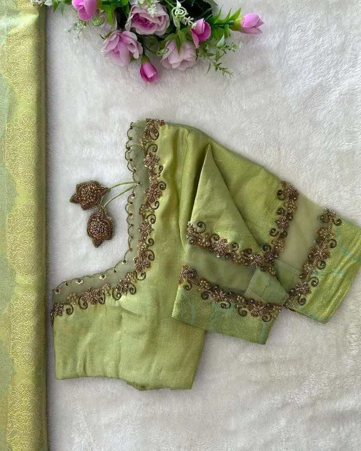 Exclusive Pista Green Bridal Maggam Work Blouse in Net Fabric  Designer Custom Sizes Available