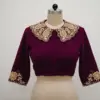 Exclusive Wine Colour Velvet Maggam Blouse Trendy Collar Neck Custom Fit