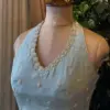 Exquisite Pastel Blue Halter Neck Blouse with Maggam Work Custom Sizes Available