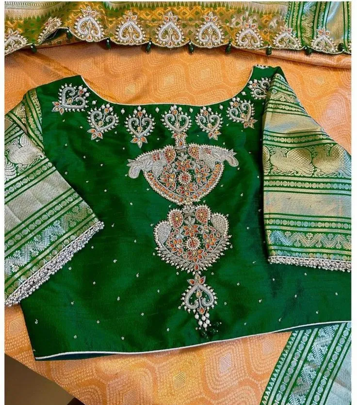 Grand Green Bridal High Neck Maggam Blouse Premium Handcrafted DesignAffordable Price