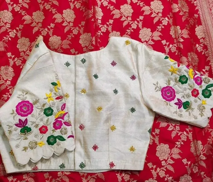 Half White Multi-Colour Thread Bridal Maggam Work Blouse Latest Designer Custom Fit