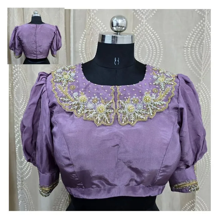 Lavender Luxury Bridal Maggam Work Blouse with Elegant Collar Neck Custom Sizes Available - Image 2