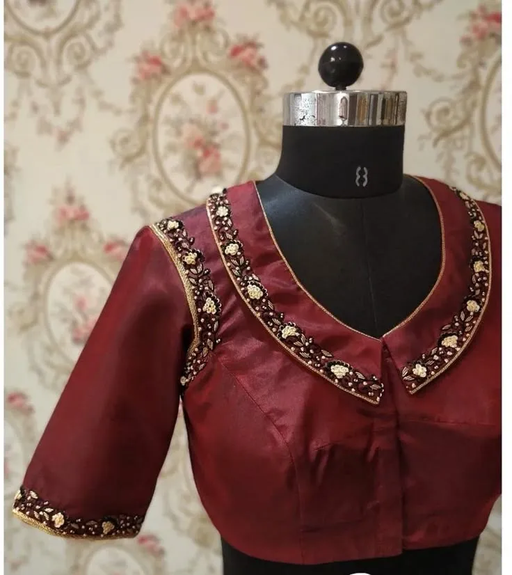 Maroon Collar Neck Handcrafted Maggam Work Blouse Designer Look at Best Price
