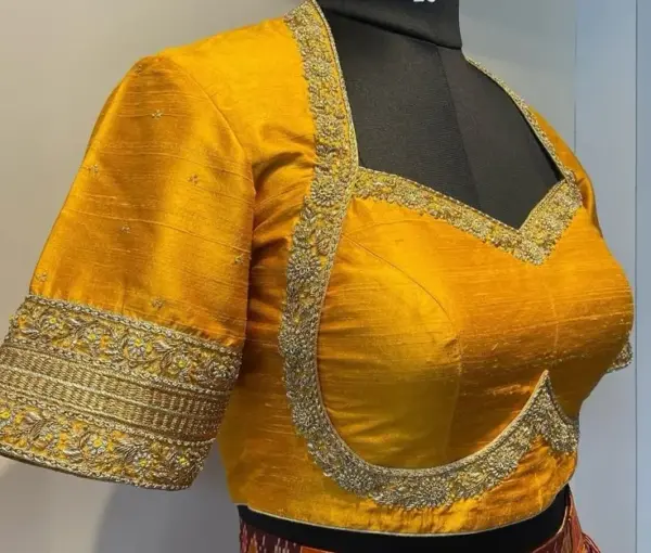 Mustard Yellow Madhubala Style Maggam Work Blouse Latest Party Wear Design at Best Budget Custom Sizes Available