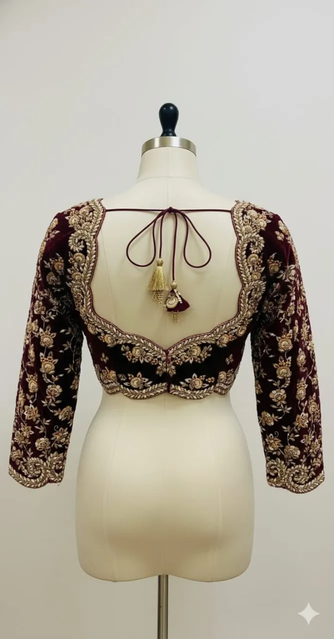 Opulent Maroon Velvet Bridal Blouse Traditional Maggam Craft Best Price & Fast Dispatch