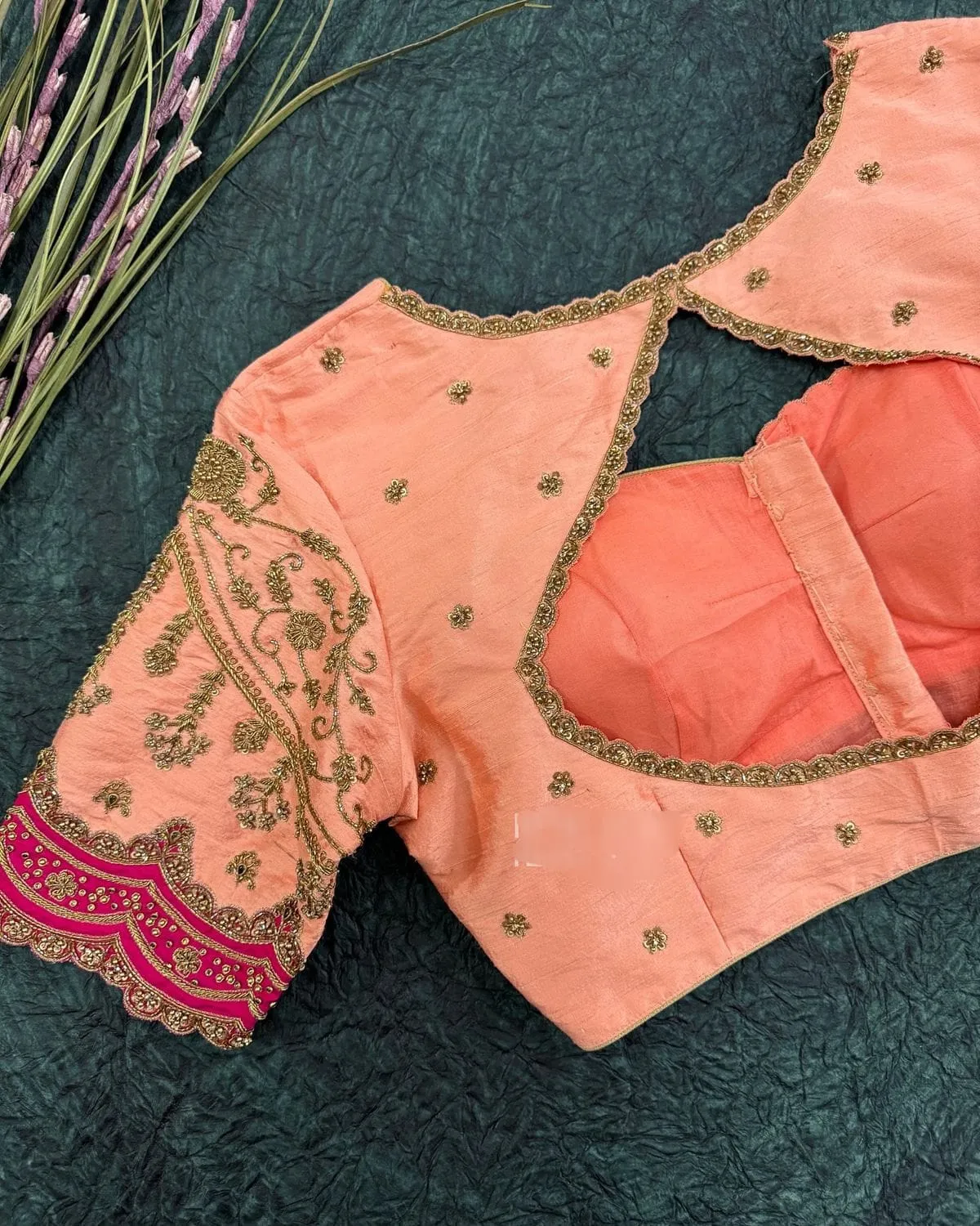 Peach Bridal Designer Blouse with Elegant Cutwork Handmade Aari Embroidery - Image 2