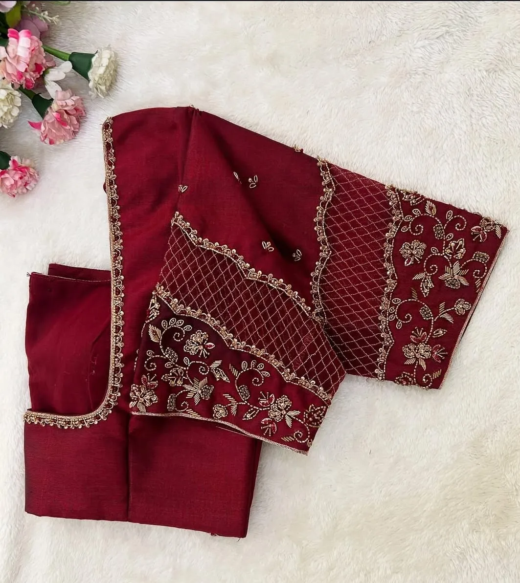 Premium Maroon Checks Aari  Maggam Work Blouse  Custom Tailored Perfection at Affordable Cost