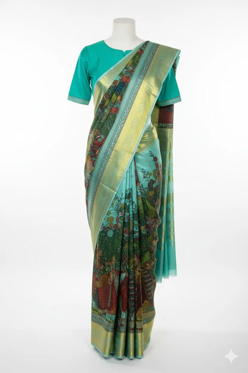 Pure Gold Zari Kanchipuram Handloom Saree | Laser Kalamkari on Pure Silk with Authentic Oil Colours