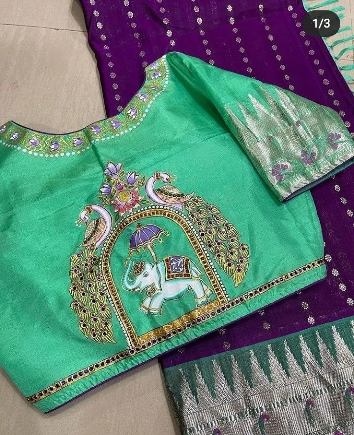Royal Tanjore Elephant Design High Neck Bridal Maggam Work Blouse Custom Sizes | Best Price Deal