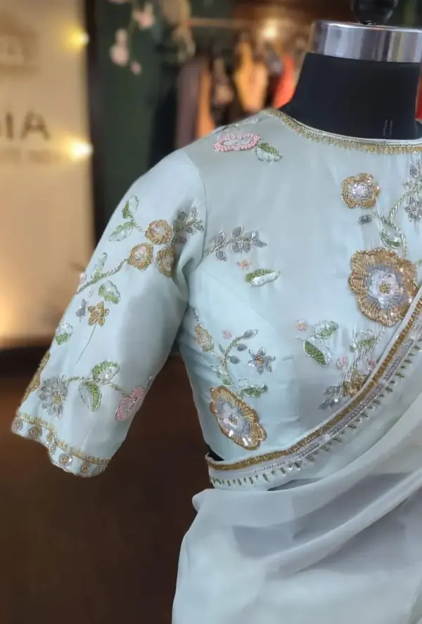 Stunning Pastel Blue Party Wear Blouse Latest Maggam Work | Budget-Friendly & Custom Sizes