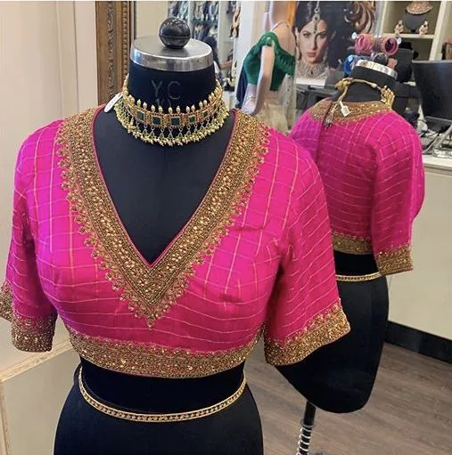 Stunning Pink Party Wear Maggam Work Blouse V-Neck Glamour Customizable Sizes Affordable Price