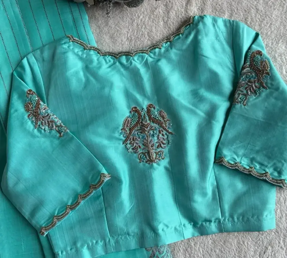 Teal Blue Bespoke Bridal Maggam Work Blouse Luxury Handcrafted Design at Best Price