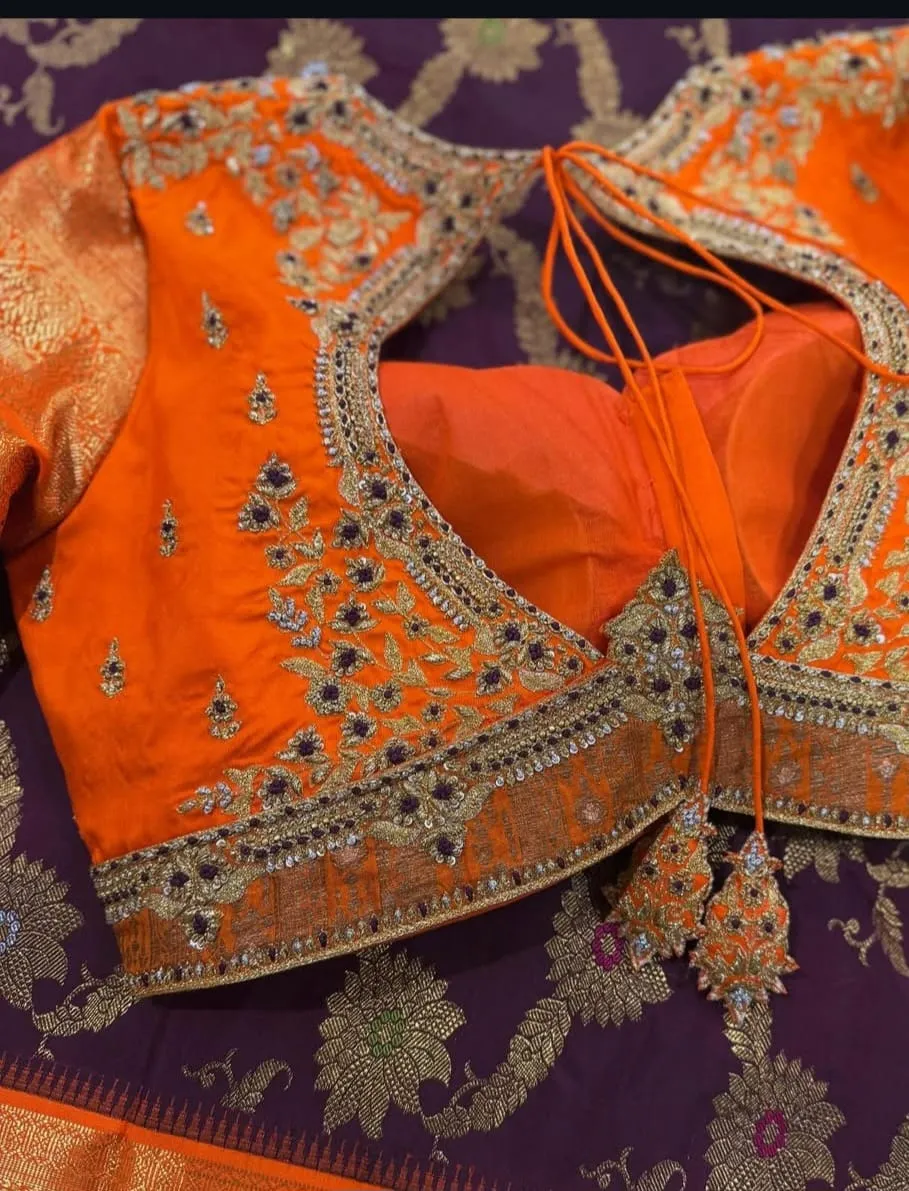 Vibrant Orange Bridal Maggam Work Blouse Top Wedding Design, Tailored in Custom Sizes, Budget-Friendly