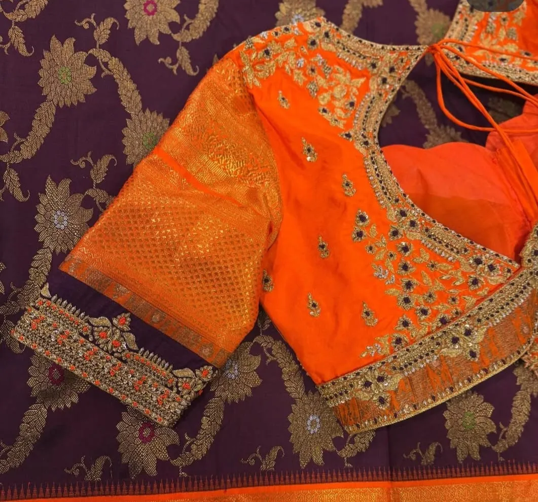 Vibrant Orange Bridal Maggam Work Blouse Top Wedding Design, Tailored in Custom Sizes, Budget-Friendly