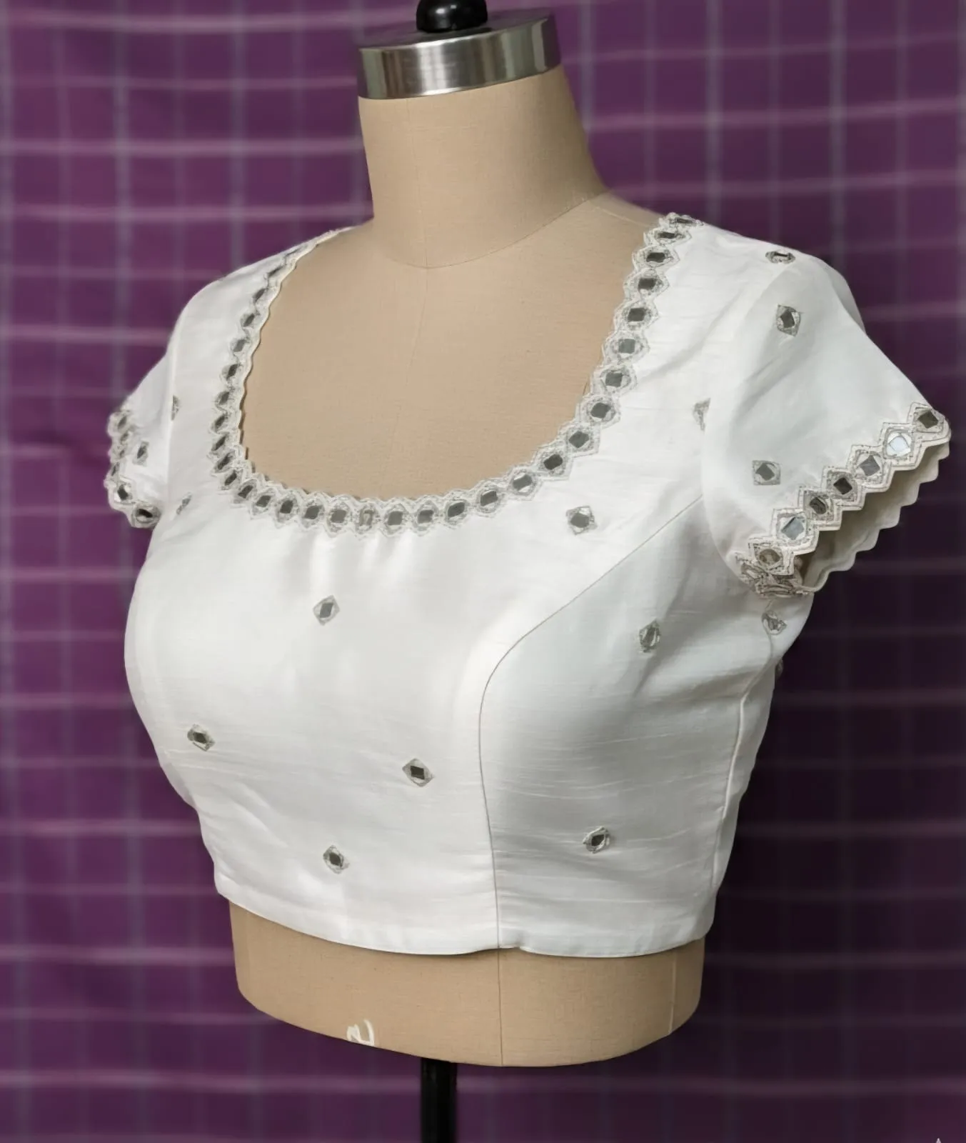 White Raw Silk Mirror Work Maggam Blouse  Latest Trending Budget Designer Piece