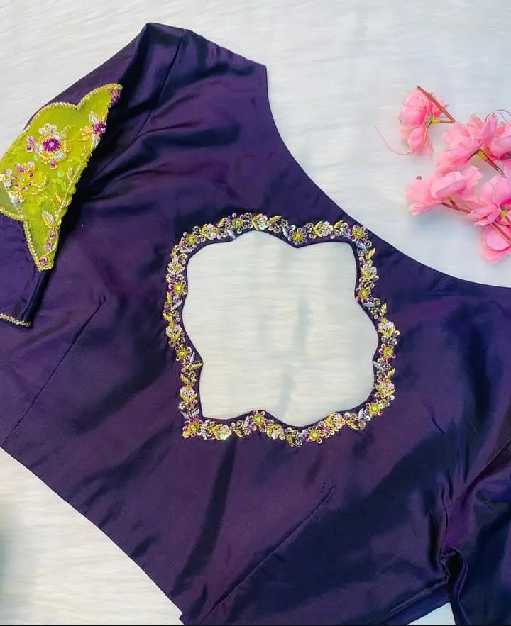 Affordable Royal Blue Maggam Work Blouse with Stylish Green Net Cutwork Detailing