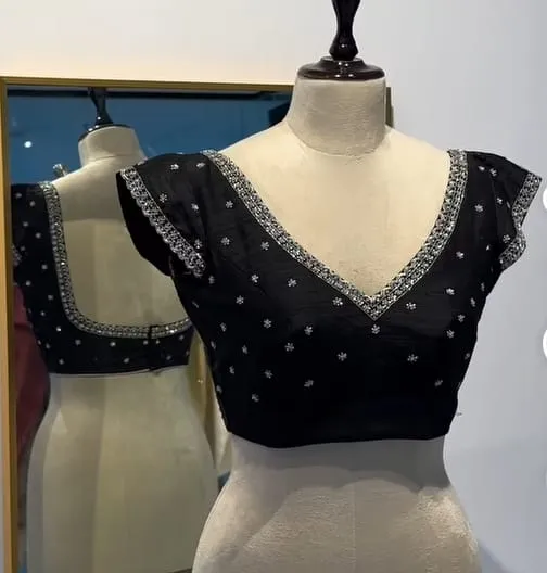 Black Raw Silk Silver Aari Work Blouse Elegant Craftsmanship  Affordable Festive Wear