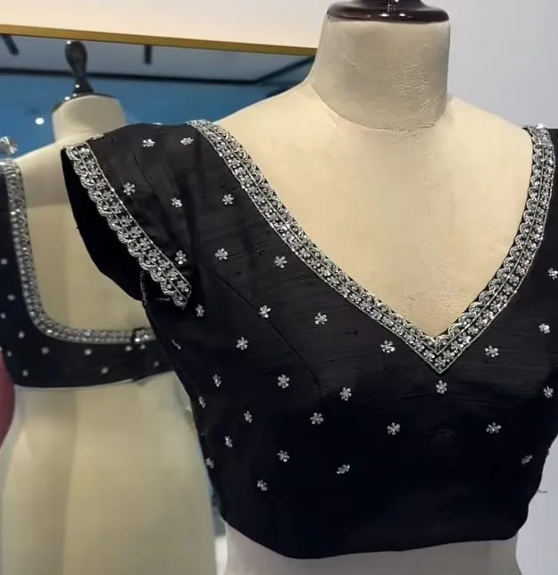 Black Raw Silk Silver Aari Work Blouse Elegant Craftsmanship Affordable Festive Wear - Image 2