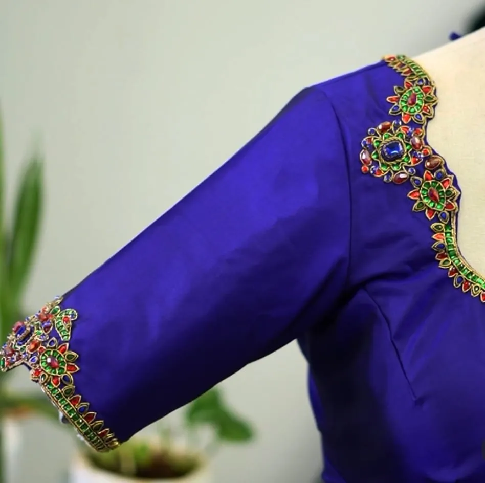 Blue Bridal Maggam Work Blouse  Peacock Kundan Zardosi Embroidery Premium Custom Fit