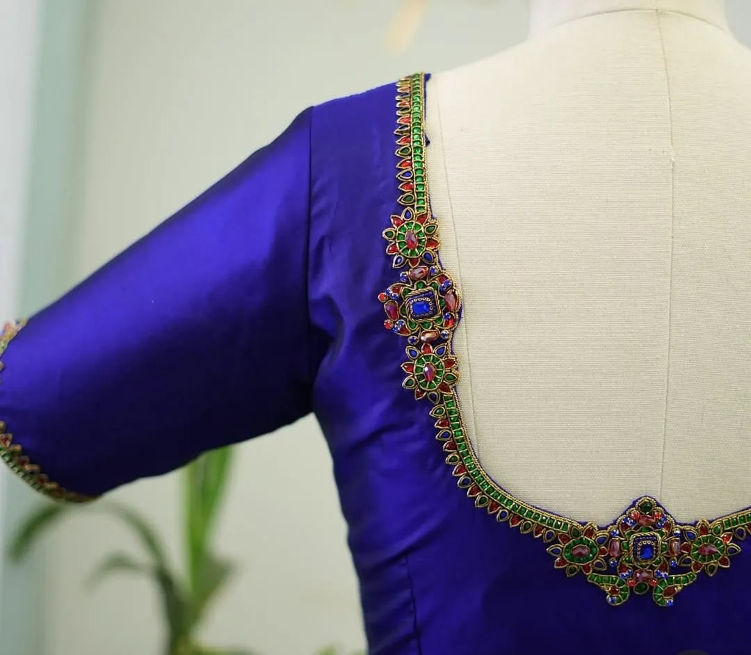 Blue Bridal Maggam Work Blouse Peacock Kundan Zardosi Embroidery Premium Custom Fit - Image 3