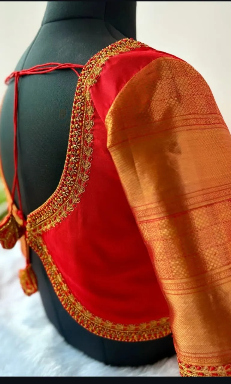 Bridal Red Thread Work Maggam Blouse Trending Back Neck Design Luxury Premium Finish - Image 3