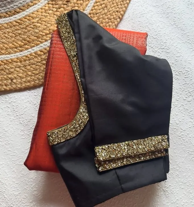 Elegant Black Kundan Work Raw Silk Blouse  Minimal Maggam Design at Best Price