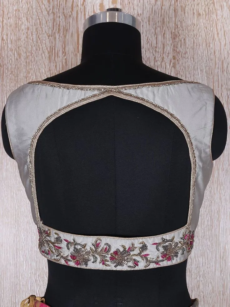 Elite Grey BackNeck Designer Blouse Handcrafted Sleeveless Maggam Work
