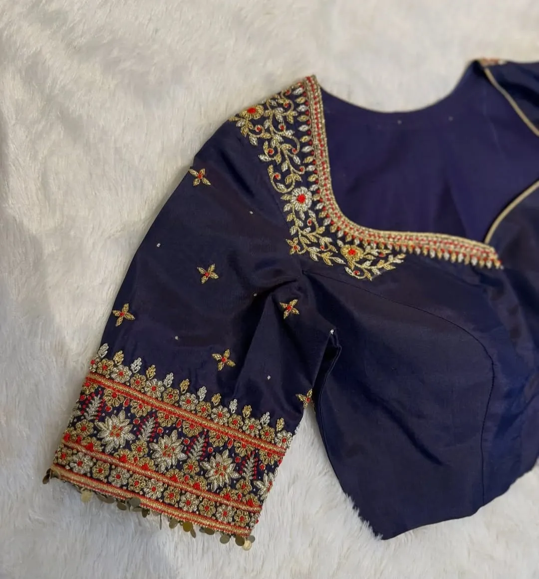 Elite Navy Blue Zardosi Maggam Blouse  Modern Trending BackNeck Design