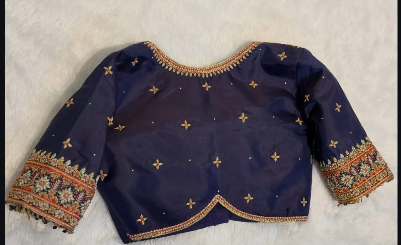 Elite Navy Blue Zardosi Maggam Blouse Modern Trending BackNeck Design - Image 2