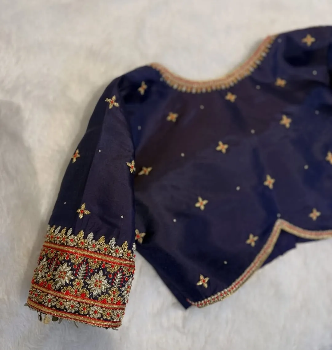 Elite Navy Blue Zardosi Maggam Blouse Modern Trending BackNeck Design - Image 3