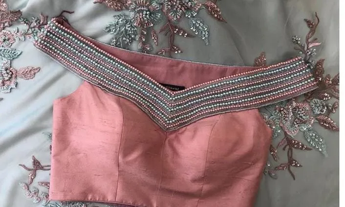 Exclusive Peach Off-Shoulder Designer Blouse  Handcrafted MaggamWork Excellence