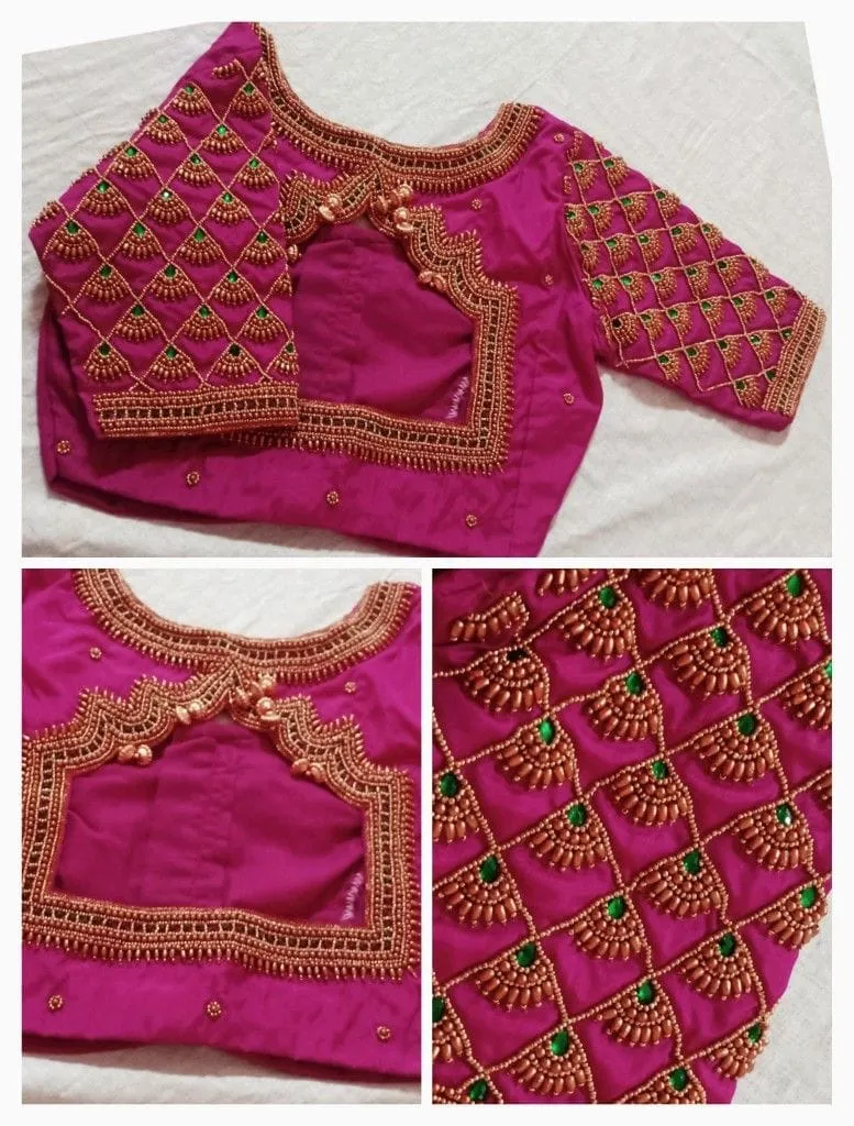 Exclusive Pink Checks Designer Maggam Blouse  Handcrafted Thread Work Masterpiece