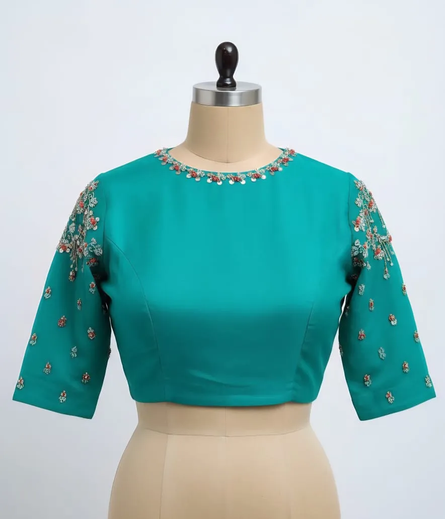 Exclusive Rama Blue Designer Maggam Work Blouse  Premium Boat Neck Perfection
