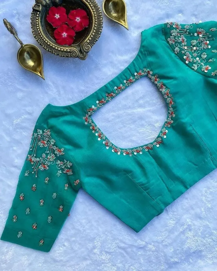 Exclusive Rama Blue Designer Maggam Work Blouse Premium Boat Neck Perfection - Image 2