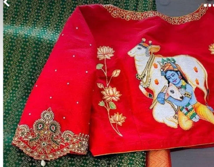 Exclusive Red Cow Kundan Maggam Work Blouse  Artistic Tanjore Painting Design  ReadytoWear Perfection