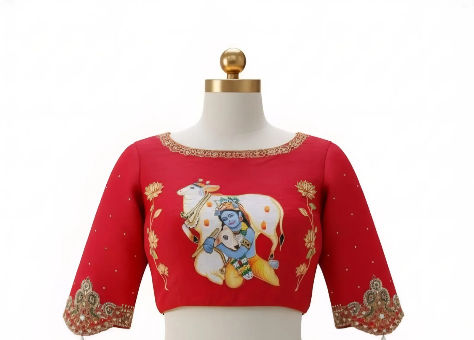 Exclusive Red Cow Kundan Maggam Work Blouse Artistic Tanjore Painting Design ReadytoWear Perfection - Image 2