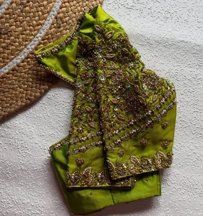 Grand Aari  Maggam Work Blouse in Parrot Green  High-Demand Trending Pattern