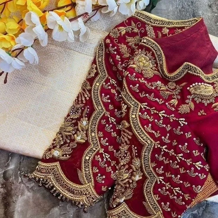 Grand Wedding Red Maggam Work Blouse Handcrafted Zardosi Perfection in Budget - Image 2
