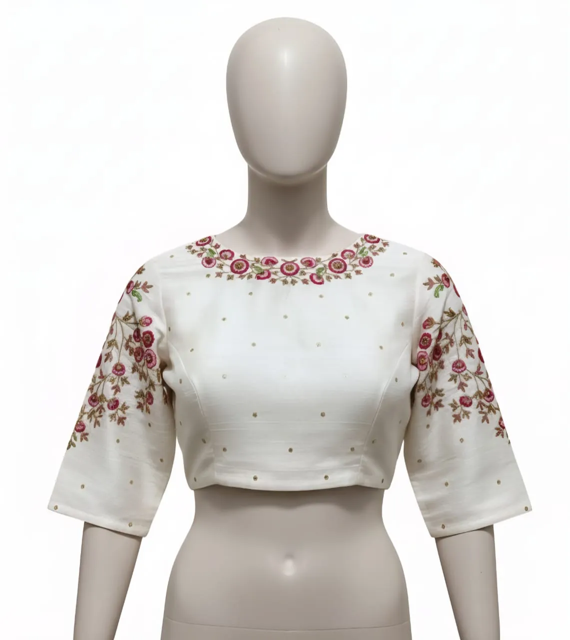 Half White Raw Silk Shoulder Maggam Work Grand BlousePremium Look in Budget Custom Sizes Available