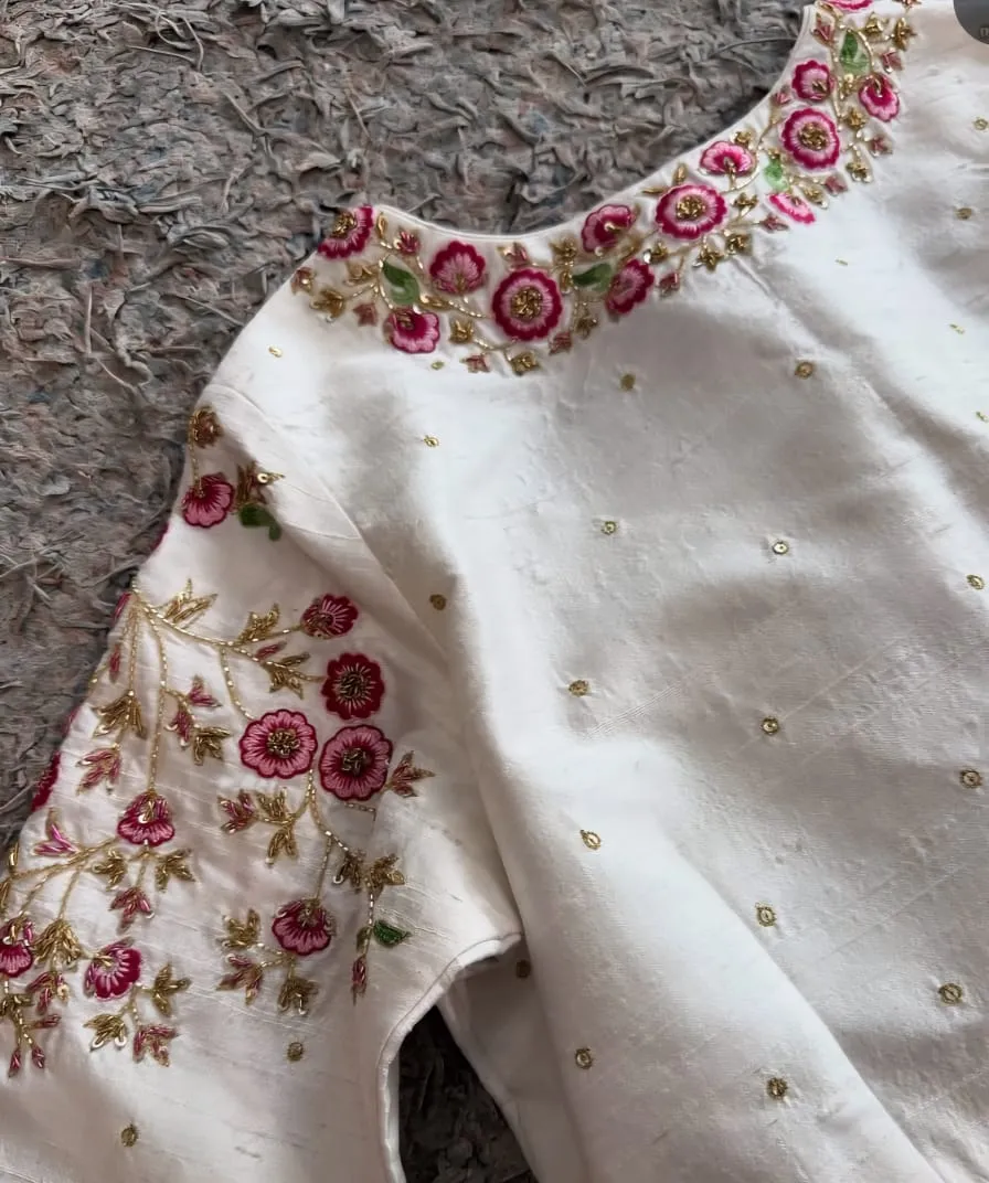 Half White Raw Silk Shoulder Maggam Work Grand BlousePremium Look in Budget Custom Sizes Available - Image 2