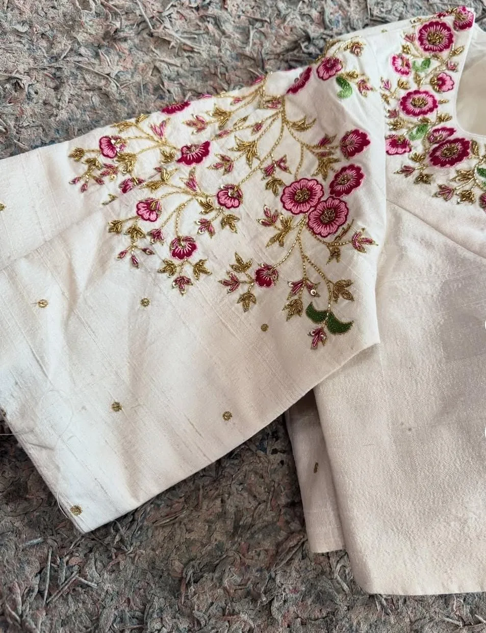 Half White Raw Silk Shoulder Maggam Work Grand BlousePremium Look in Budget Custom Sizes Available - Image 3