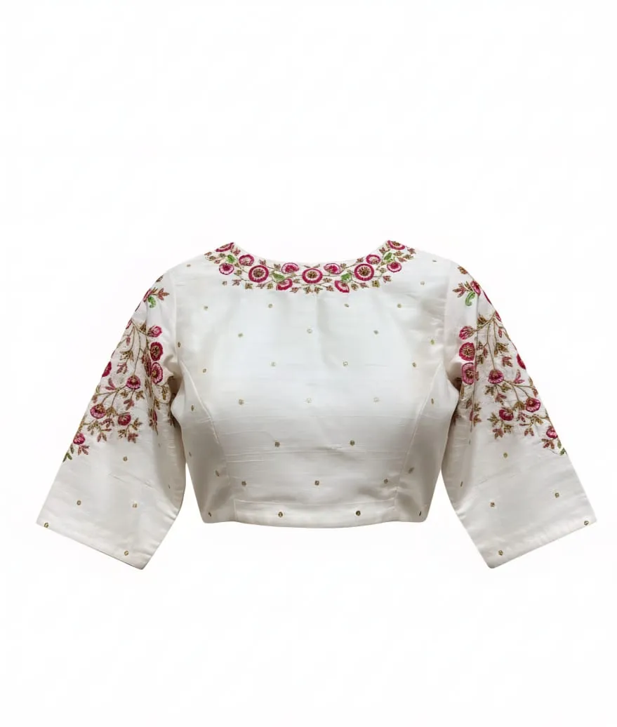 Half White Raw Silk Shoulder Maggam Work Grand BlousePremium Look in Budget Custom Sizes Available - Image 4