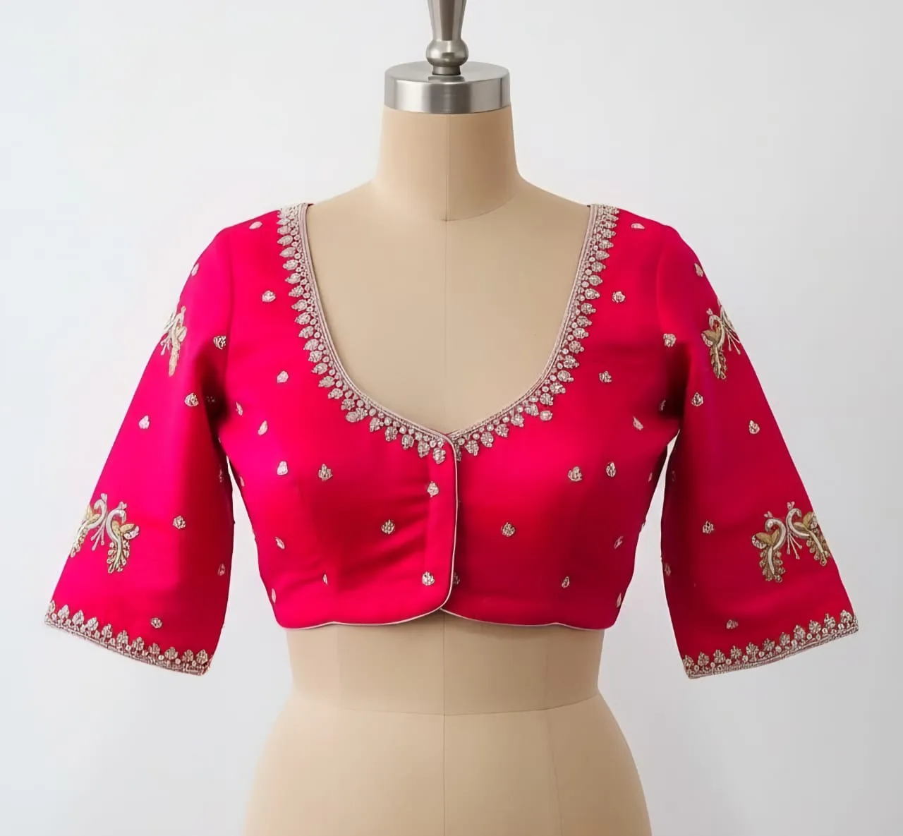 Handcrafted Perfection  Pink Peacock Silver Maggam Work Blouse at Festive Offer Price