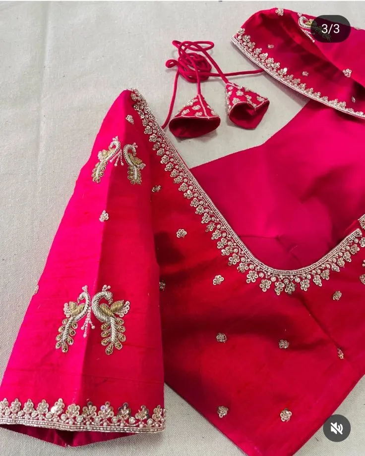 Handcrafted Perfection Pink Peacock Silver Maggam Work Blouse at Festive Offer Price - Image 2
