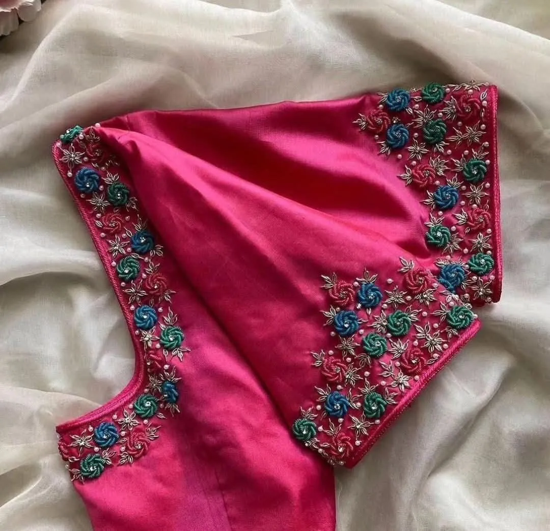 High-Demand Pink Rose Thread Maggam Blouse  Exclusive Handcrafted Designer Piece
